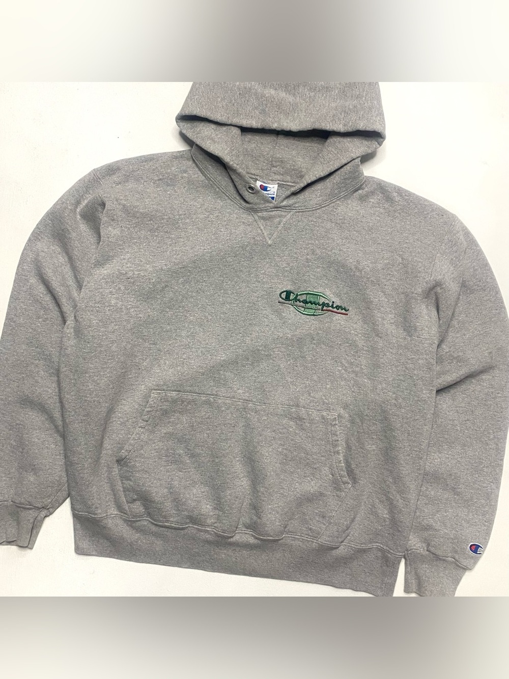 Vintage 90s Champion Embroidered Script Logo Gray Hoodie Sweatshirt Made In USA